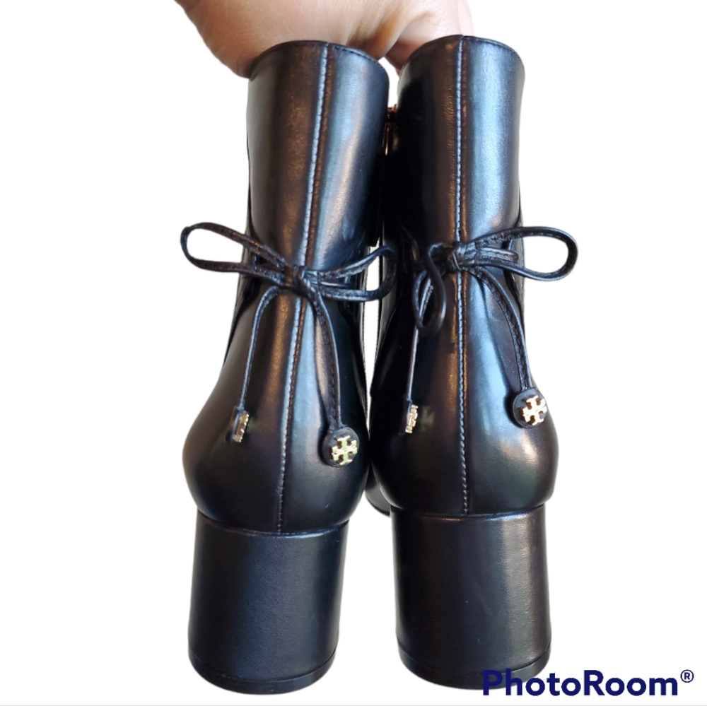 Tory Burch black leather bow booties Size 9 excellent condition with shoe bag.